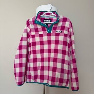 Lands' End Pink and White Checkered Fleece Pullover Sweater, Medium